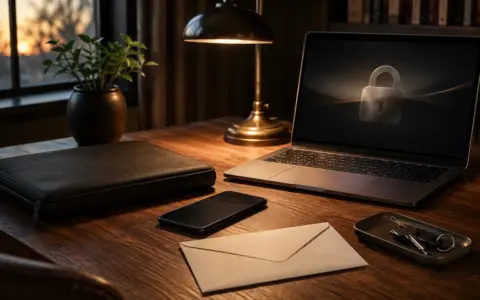 Sealed envelope, laptop, and zippered storage case arranged on an unattended desk