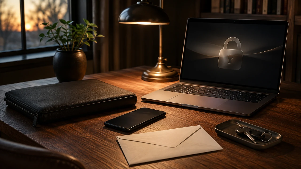 Sealed envelope, laptop, and zippered storage case arranged on an unattended desk