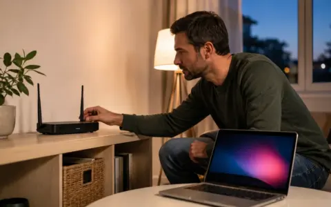 Person checking a home Wi-Fi router beside a laptop in a bright living room