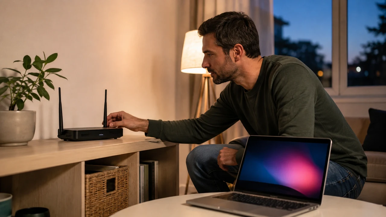 Person checking a home Wi-Fi router beside a laptop in a bright living room
