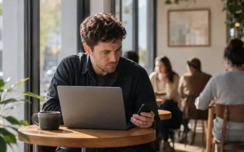 Person using a laptop and phone at a café table