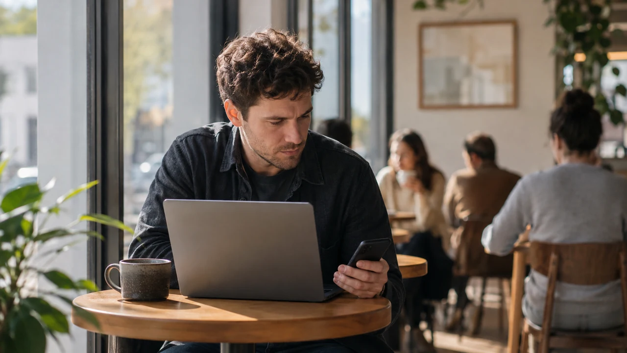 Person using a laptop and phone at a café table